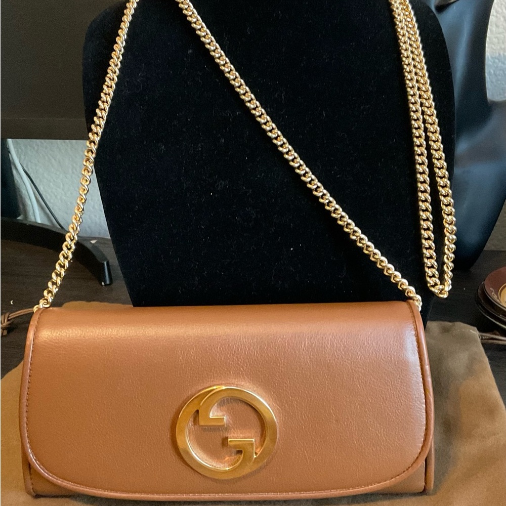Gucci Tan Leather Clutch with Gold Chain